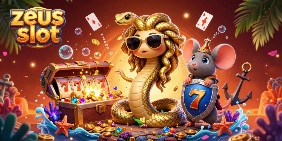 Experience the excitement of zeus slot with Medusa and a warrior mouse in an action-packed casino scene.