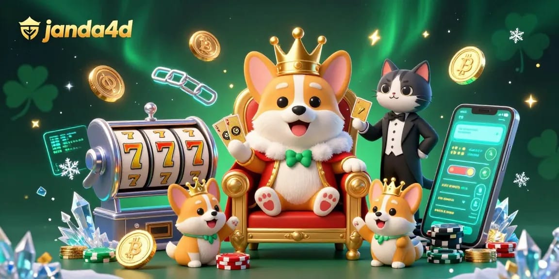 Mainkan slot seru di janda4d dengan corgi raja dan koin crypto yang gemerlap.