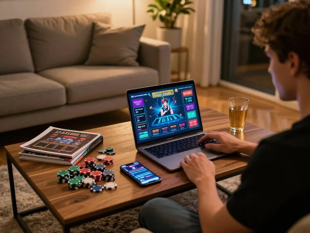 ALO8 player engaged in online gaming with vibrant interface, cozy home atmosphere and strategic setup