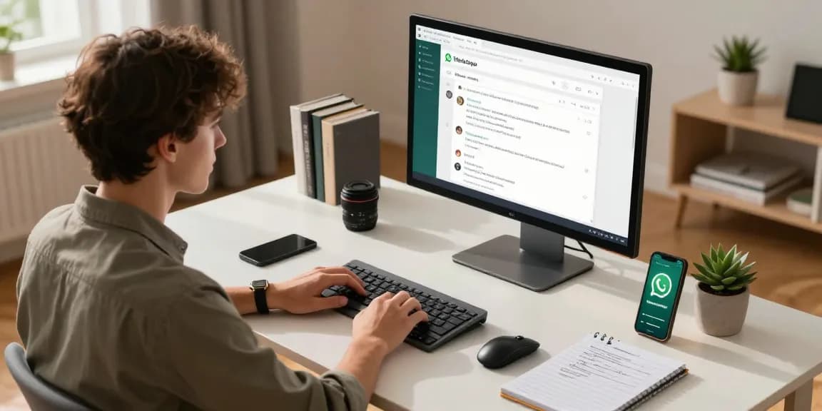 Young professional using WhatsApp網頁版 on laptop in a modern home office