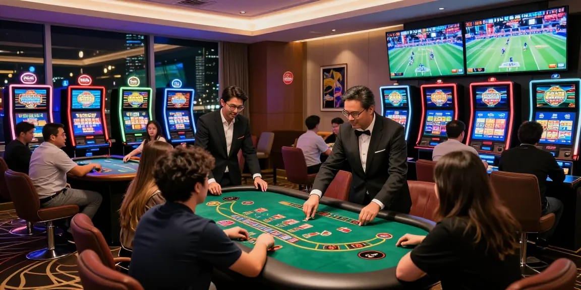 Exciting gaming experience at MBM娛樂城 with players at tables and electronic games, showcasing the vibrant atmosphere.