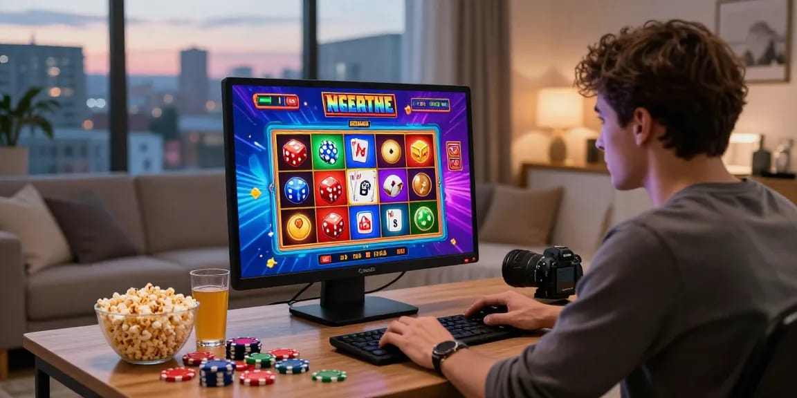Player enjoying an exciting slot deposit 5k gaming session at home with vibrant screen visuals and cozy ambiance.