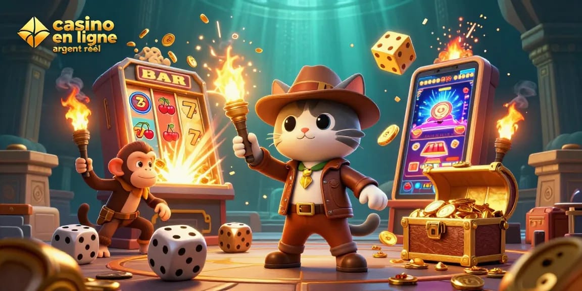 Le chat explorateur redécouvre un artefact du casino en ligne argent réel dans un temple décoré de pièges en dés.