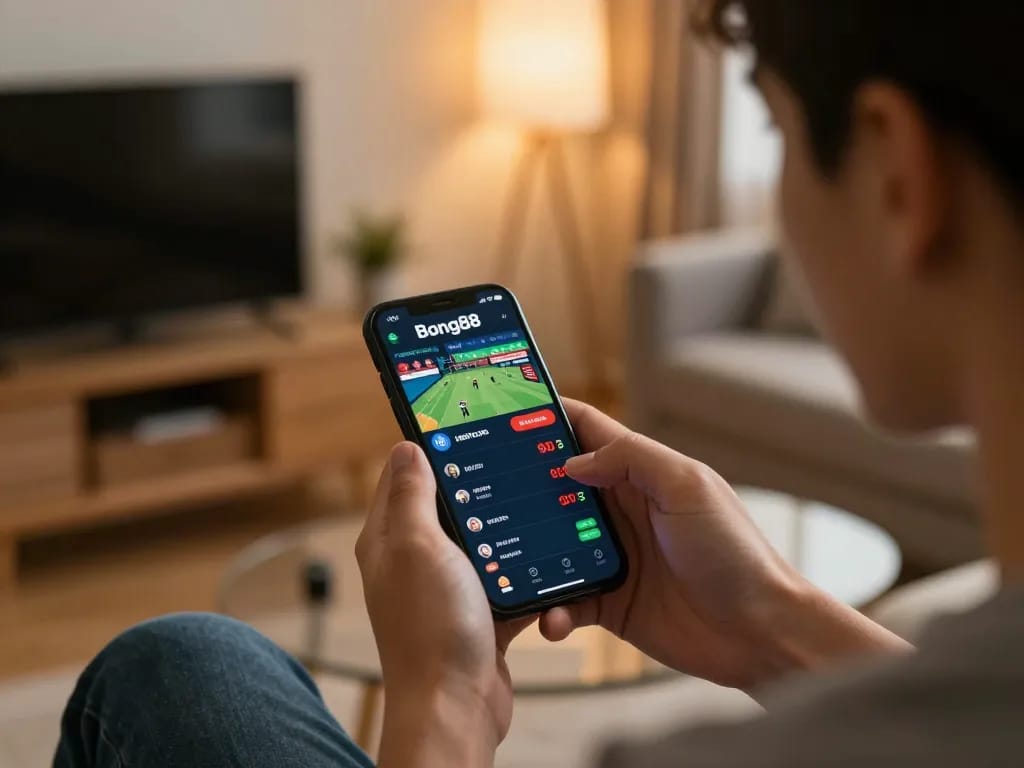 Bong88 user placing sports bets via mobile app in a cozy home setup.