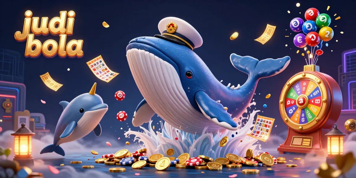 Join the thrilling experience of judi bola with a vivid display of a whale and friends amidst colorful gambling elements.