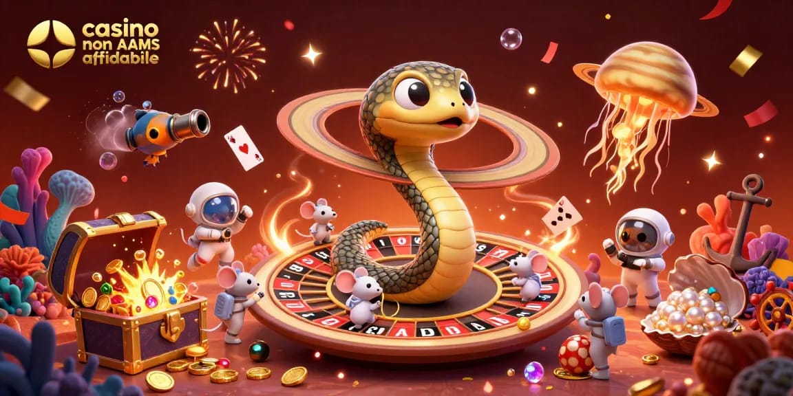 Immagine vibrante di un casino non AAMS affidabile con un serpente di Saturno come ruota e astronauti che scommettono.