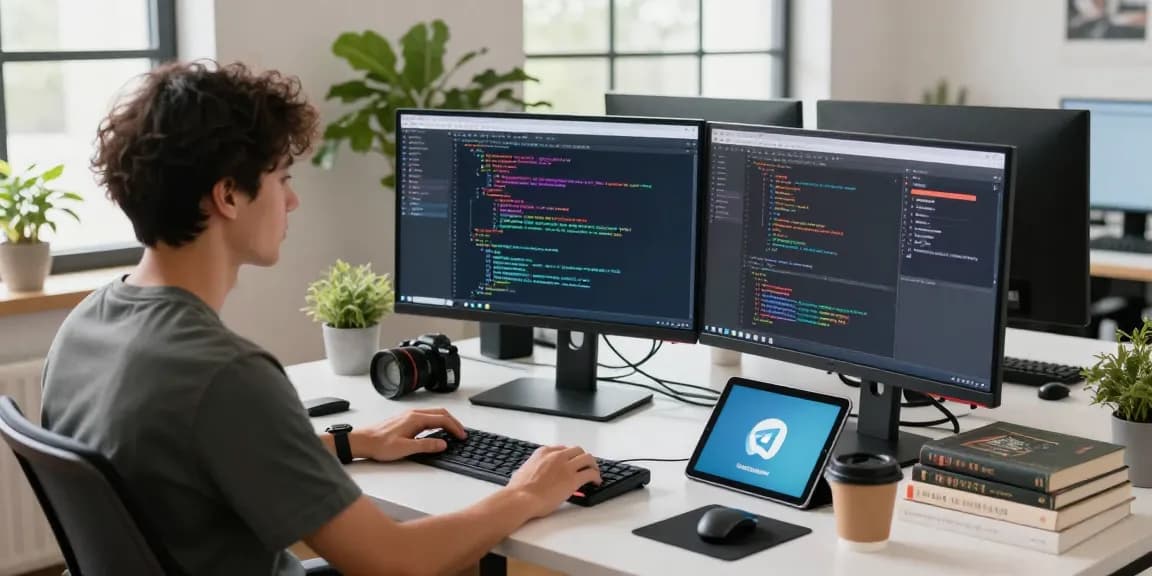 Focused developer coding on dual monitors in a modern workspace, showcasing Telegram functionalities effectively for 纸飞机中文版.