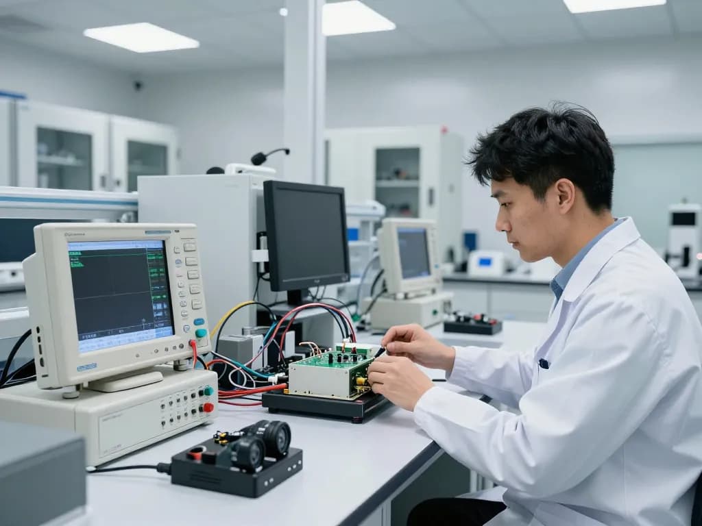 Engineer performing EMI Testing in a high-tech laboratory with precision instruments and equipment.