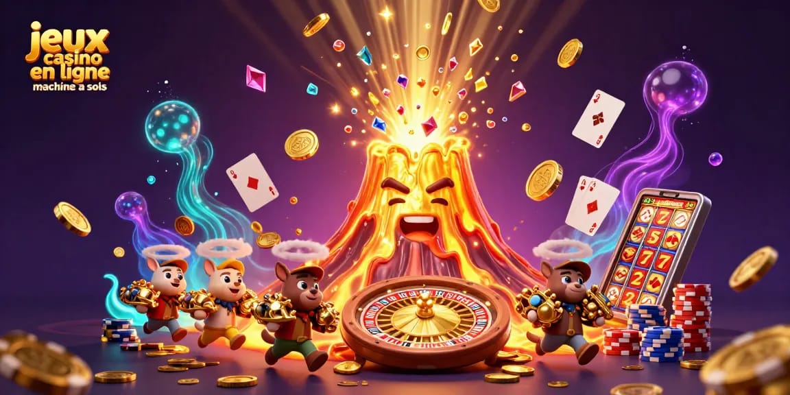 Expérimentez les jeux casino en ligne machine à sous avec une scène dynamique de trésor et de personnages joyeux.