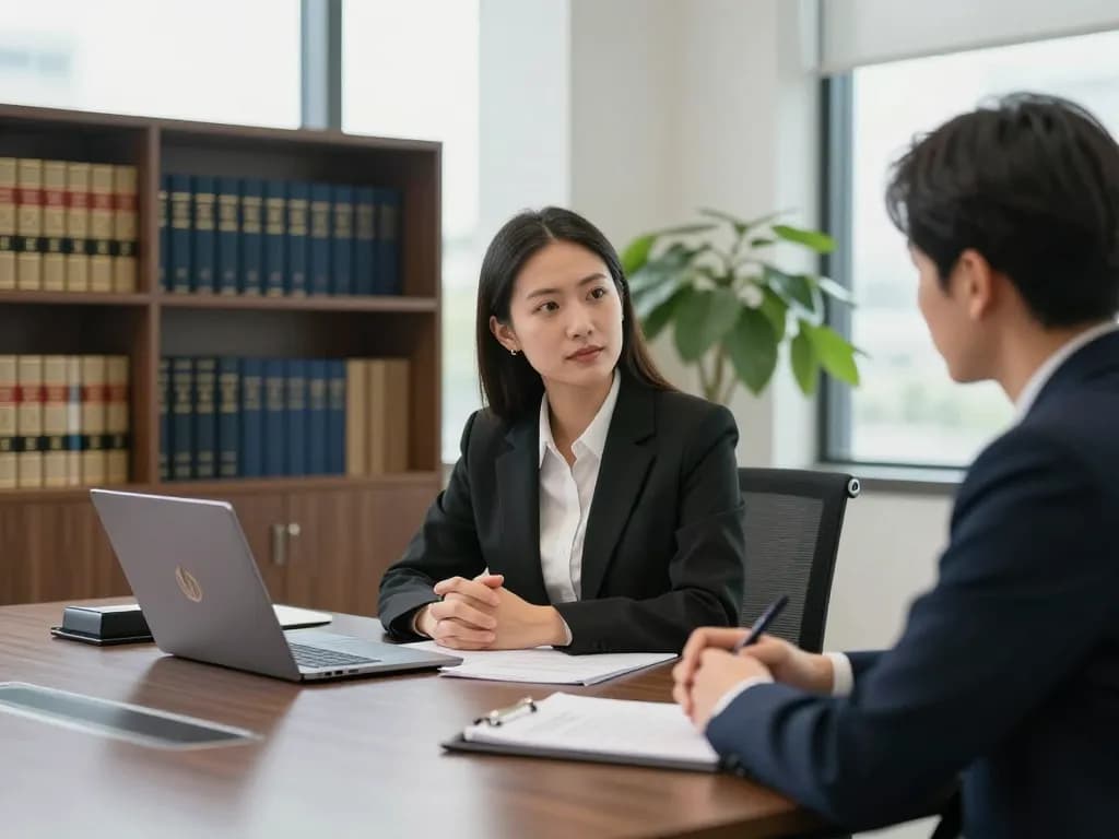 USA lawyers consulting clients in a modern law office setting, featuring legal documents and warm atmosphere.