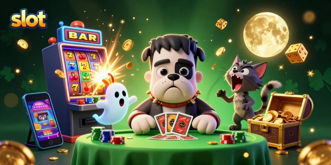 Spin the slot reels with a lively Frankenstein bulldog and ghost mouse amid jackpot excitement.