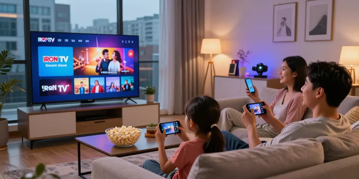 Family enjoying Iron TV streaming on Smart TV in cozy living room.