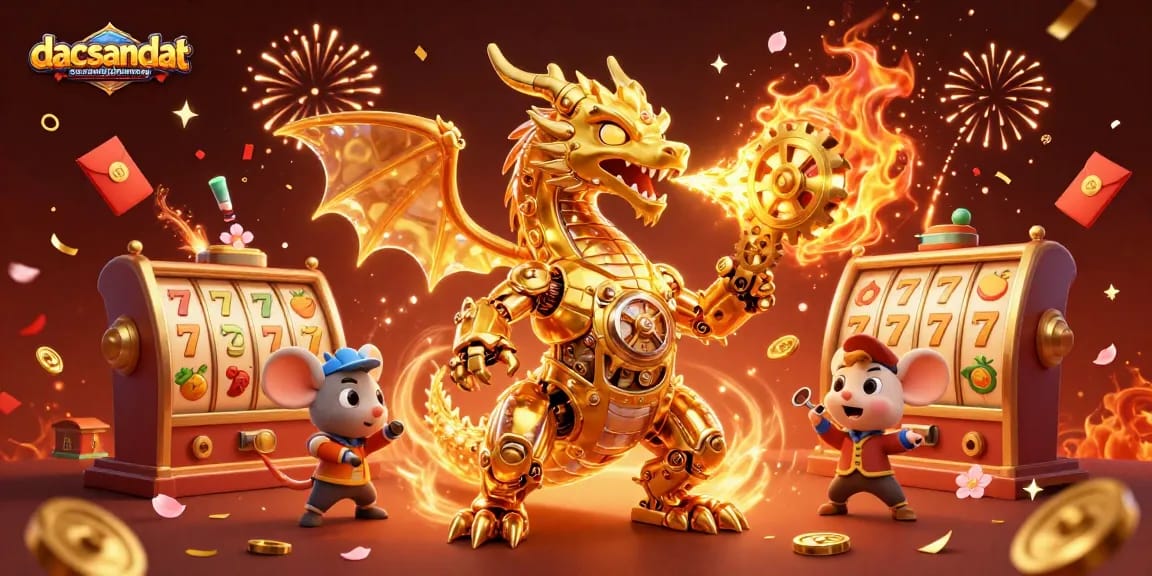 Join the excitement at dacsandatphanrang with vibrant casino scenes featuring a golden dragon and slot machines.