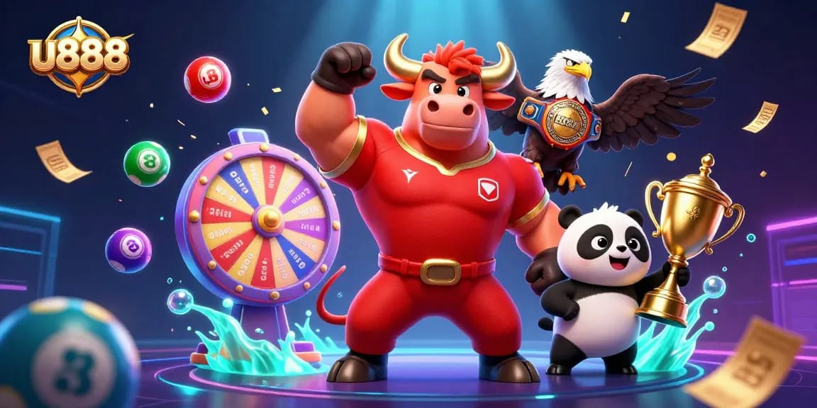 Experience thrilling u888 gaming with a victorious bull mascot and a cheerful panda, surrounded by vibrant lottery elements.