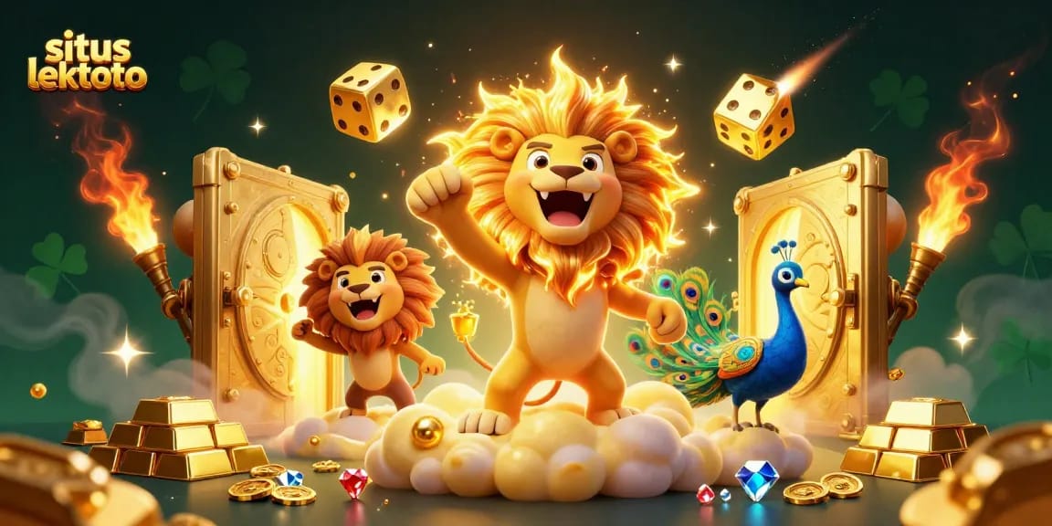 Engage with situs lektoto, featuring animated casino elements, golden treasures, and a vibrant 3D scene.
