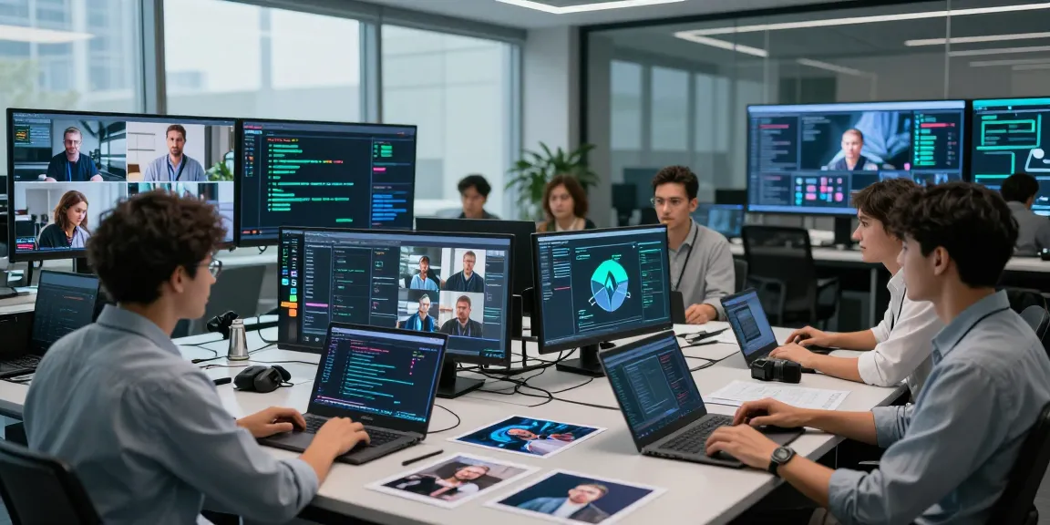 Detect AI image in advanced content moderation setup with diverse team analyzing digital feeds.