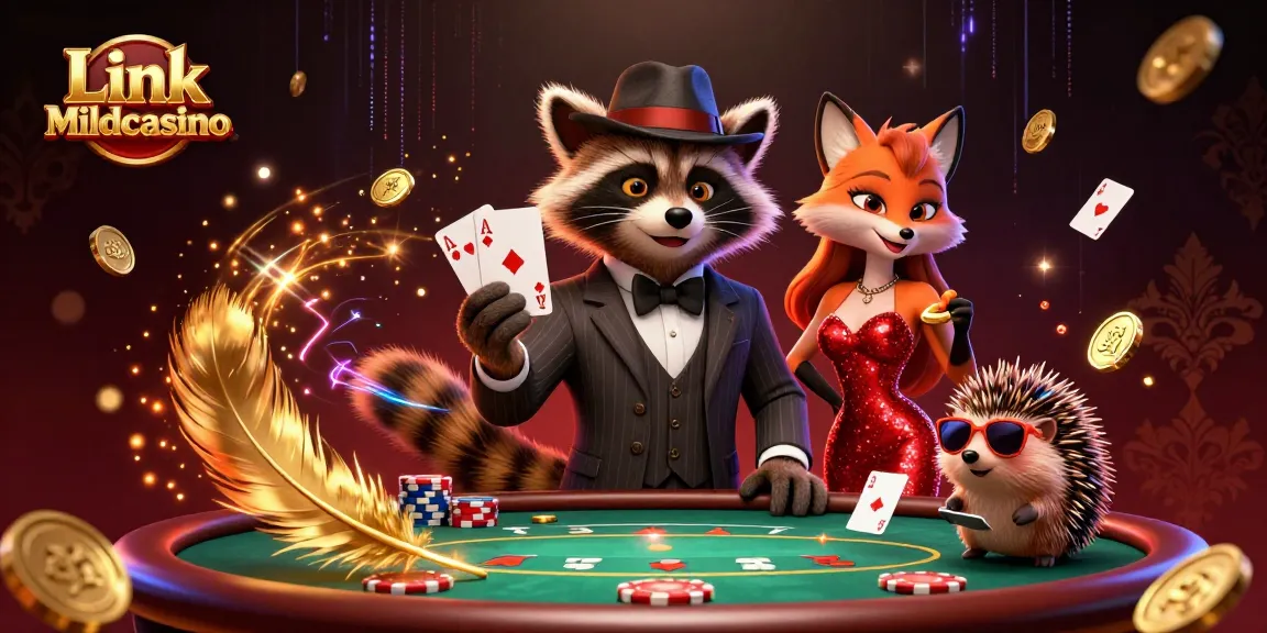 Engage with Link Mildcasino by joining the raccoon in a pinstripe suit at a vibrant poker table.