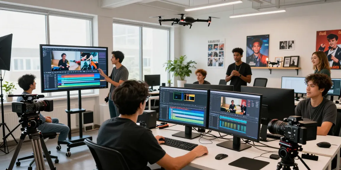 Team collaborating in a vibrant video production studio using prompt ai to enhance their creative projects.
