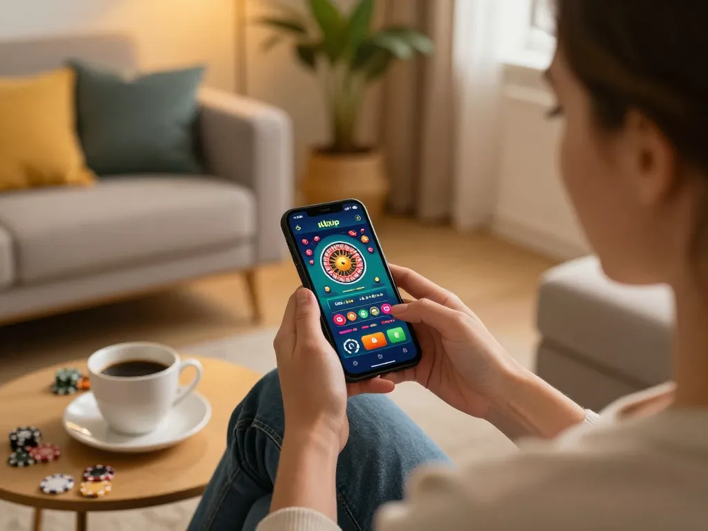 Player enjoying the rikvip mobile app with roulette on a stylish couch.