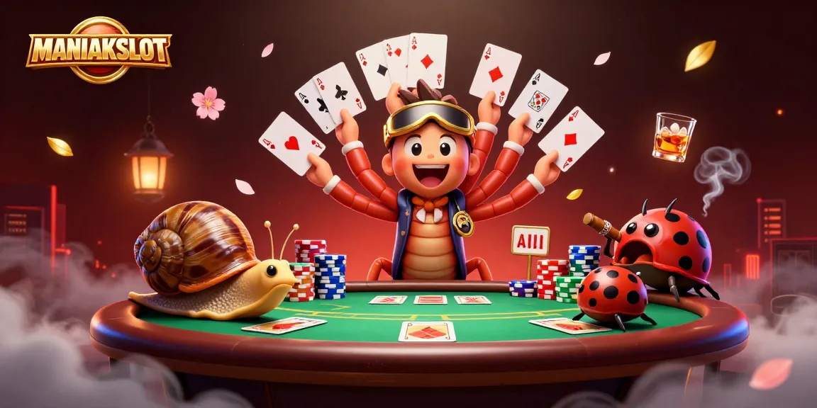 Engage with MANIAKSLOT at this vibrant 3D casino scene showcasing a millipede dealer with playing cards.