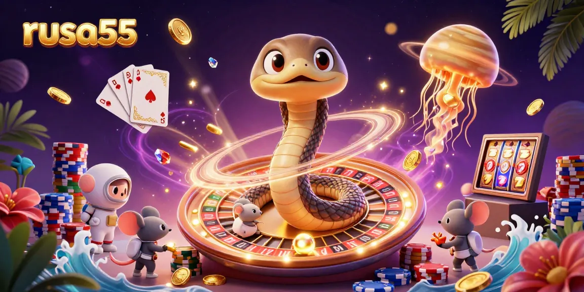 Spin to win with rusa55 on a dynamic casino adventure featuring cosmic characters and jackpot elements.