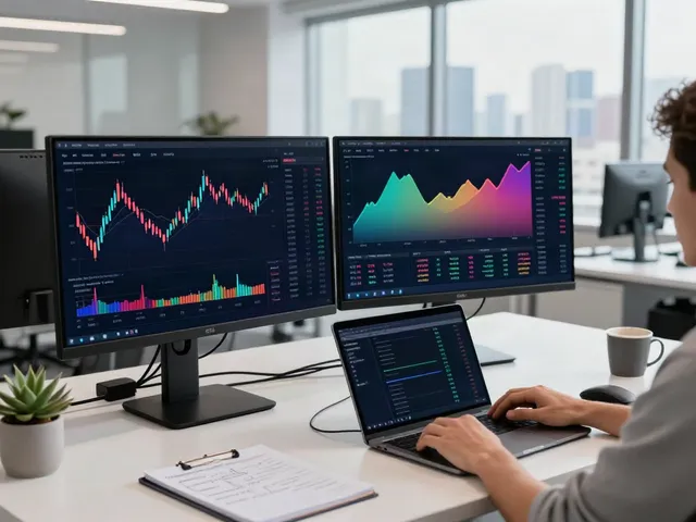 Advanced cryptocurrency trading workspace utilizing 指数API for real-time market insights with multiple screens displaying financial data and analytics.
