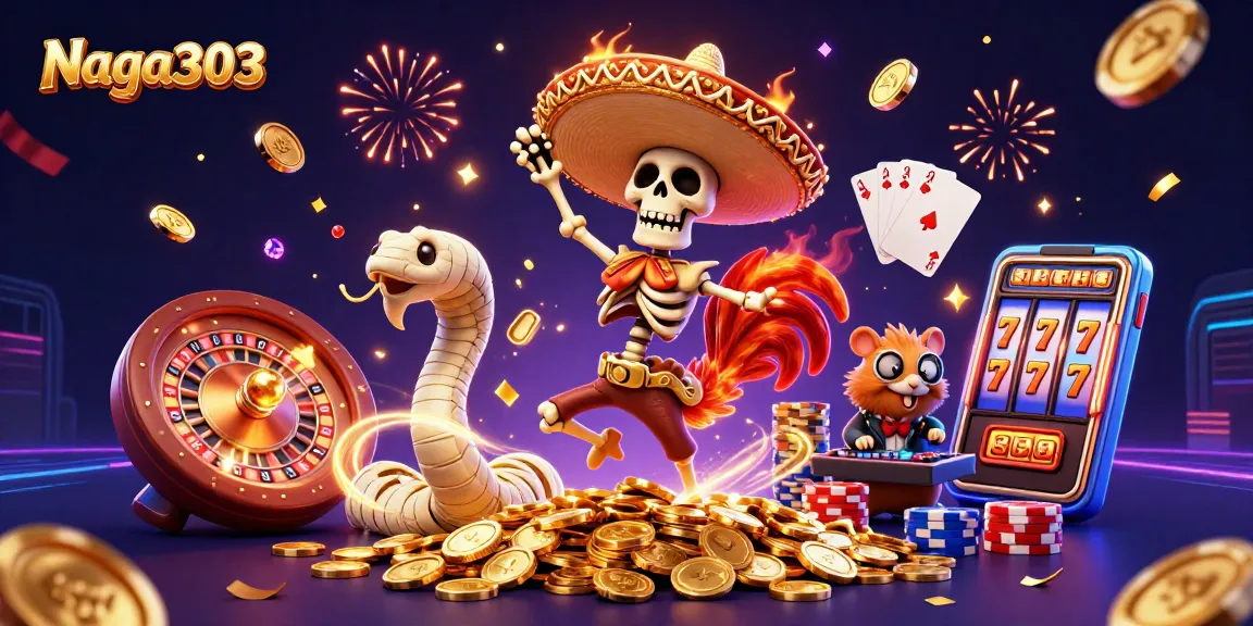 Naga303 offers exciting slots and bonuses as a mariachi rooster celebrates wins surrounded by fortune.