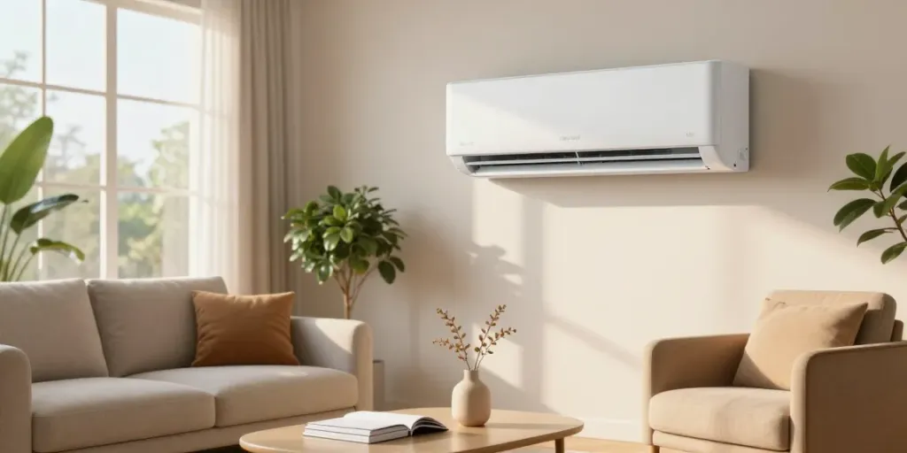 Cozy living room featuring an 18000 BTU mini split air conditioner on the wall, stylish furniture, and natural lighting.