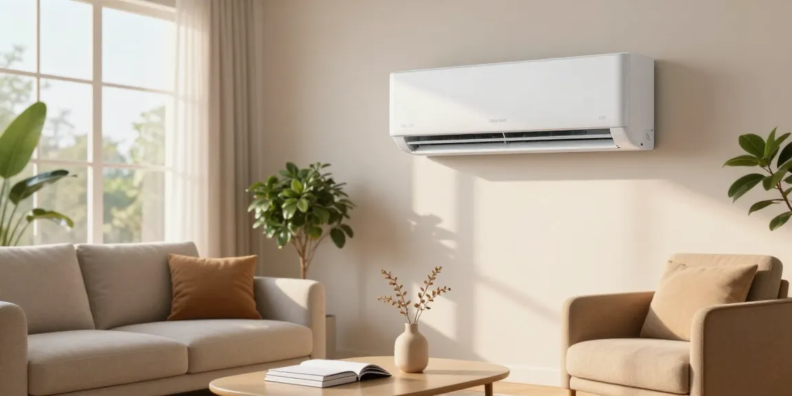 Cozy living room featuring an 18000 BTU mini split air conditioner on the wall, stylish furniture, and natural lighting.