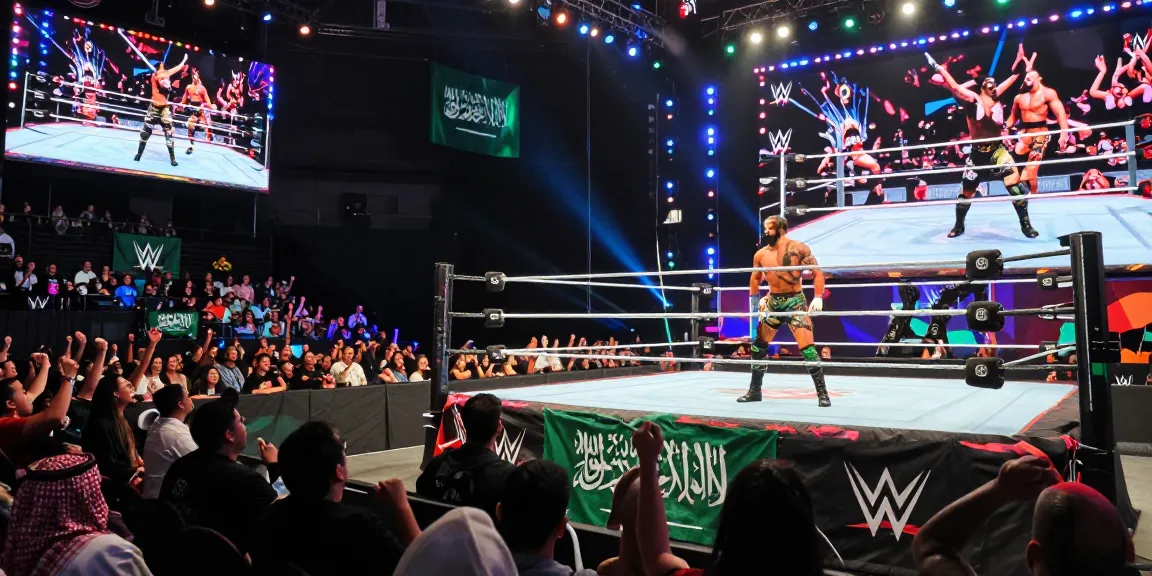 Exciting WWE Saudi Arabia wrestling event featuring diverse fans and action in the arena.