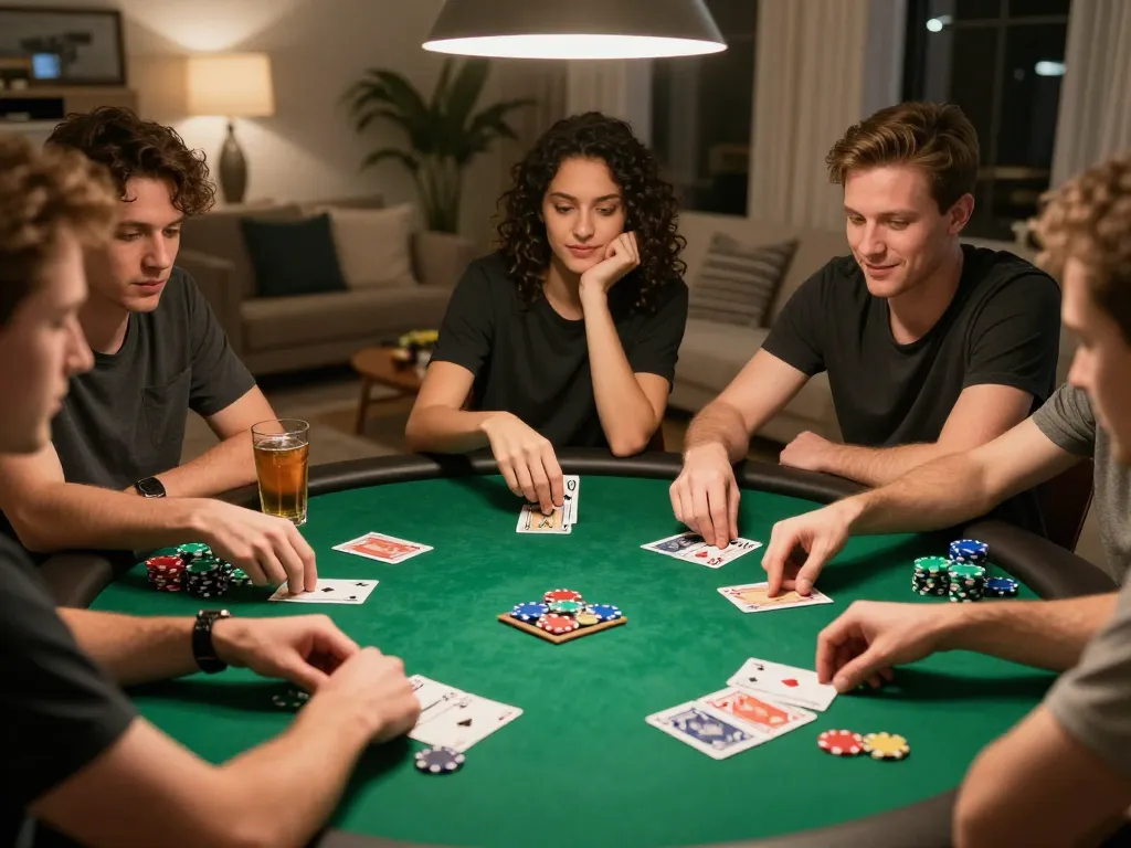 Friends enjoying an engaging poker game night while strategizing their bets on superjp