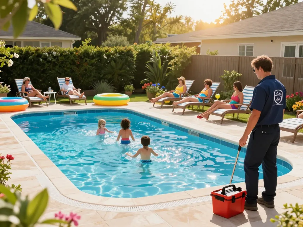 Dolphin Pool Services brings joy and relaxation to families in a beautiful backyard pool setting.