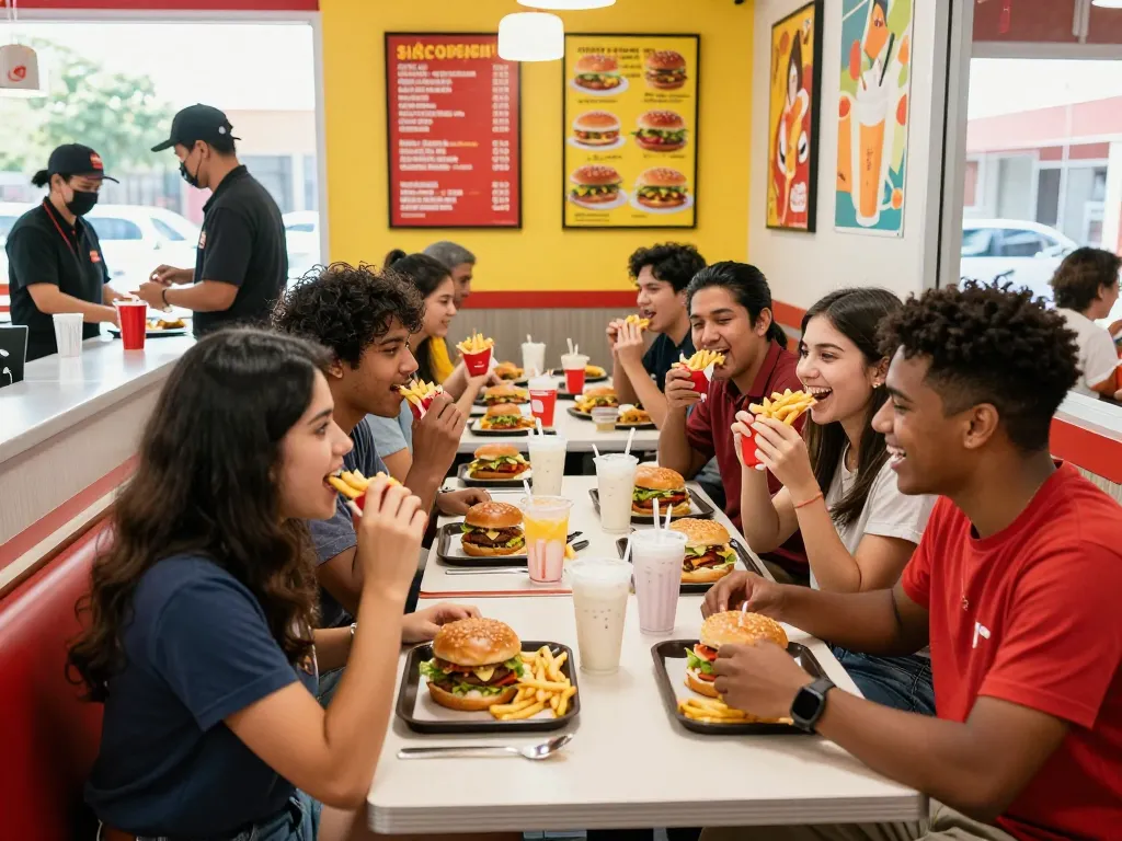Fast food menu items enjoyed by friends in a lively restaurant setting.