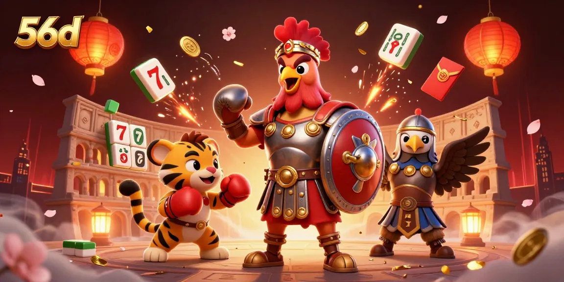 A 3D illustration capturing the excitement of 56d with a gladiator rooster, tiger cub, and eagle in a vibrant casino scene.