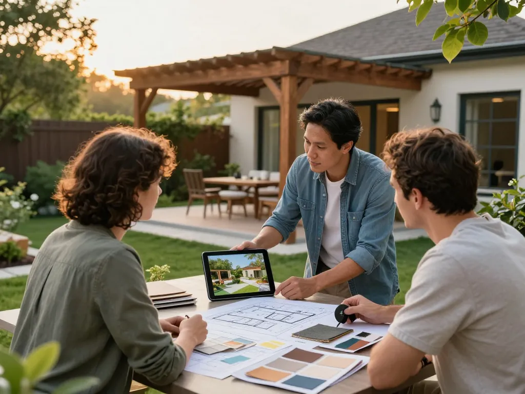 Engaging conversation about Pergola Configurator Software as a designer showcases 3D plans in a landscaped yard.