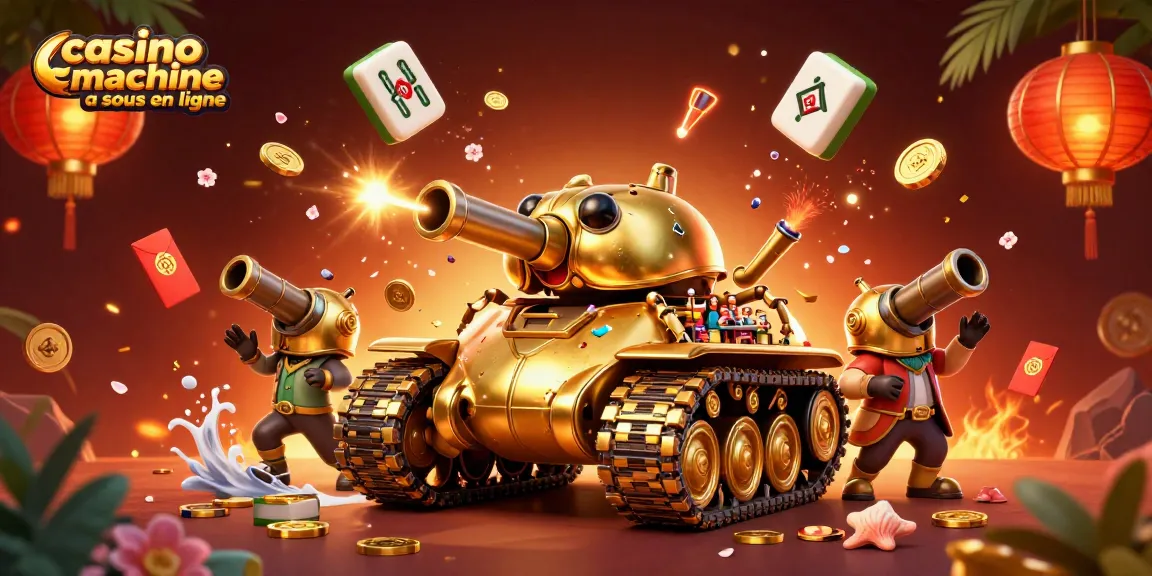 Profitez des machines à sous en ligne avec cette scène dynamique de casino, incluant des jetons et des symboles chanceux.