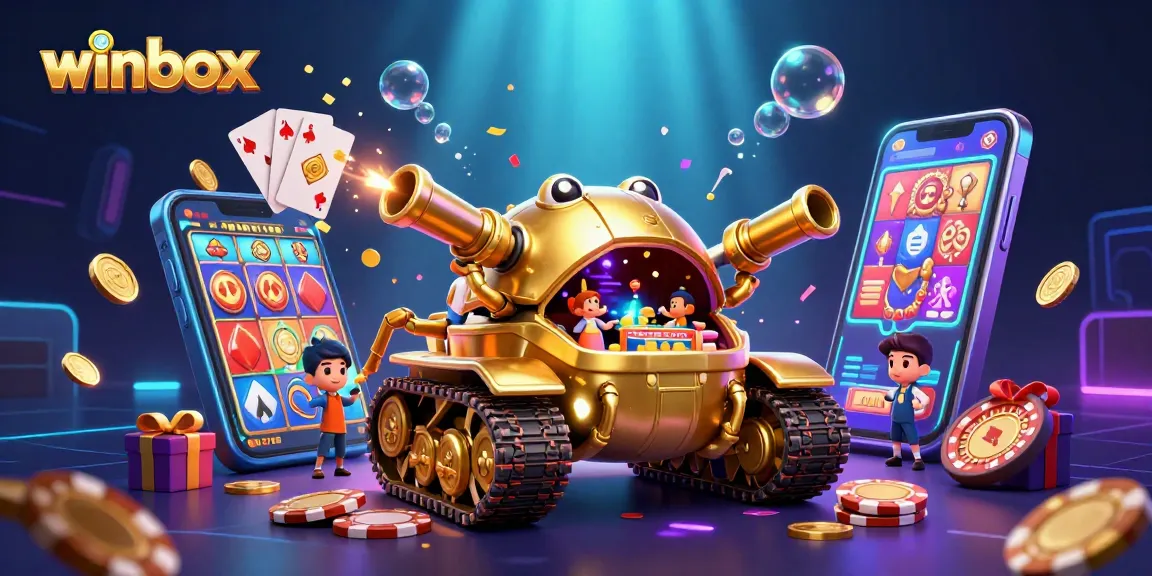 Winbox reveals a vibrant casino scene as golden beetle tank explodes with coins and games.