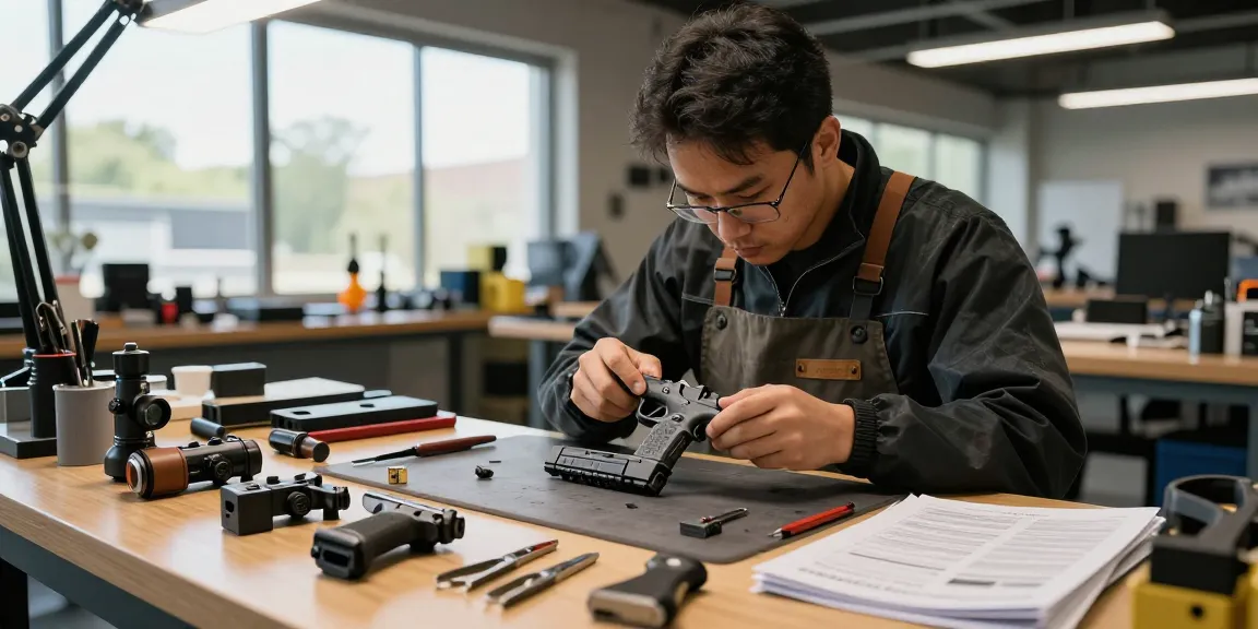 Glock customization at https://precisionglockslides.com with a skilled gunsmith installing a new slide in a bright workshop.