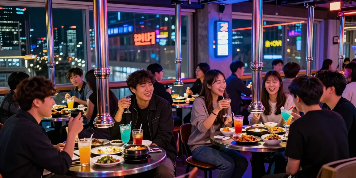 Vibrant urban nightlife at 상봉동 한국관나이트 featuring friends enjoying drinks and traditional Korean food