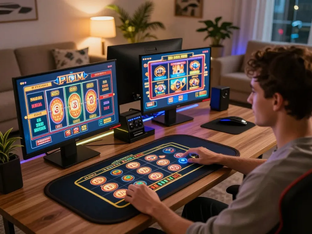 Player engaging in thrilling online slot games on jus77 in a cozy home setup.