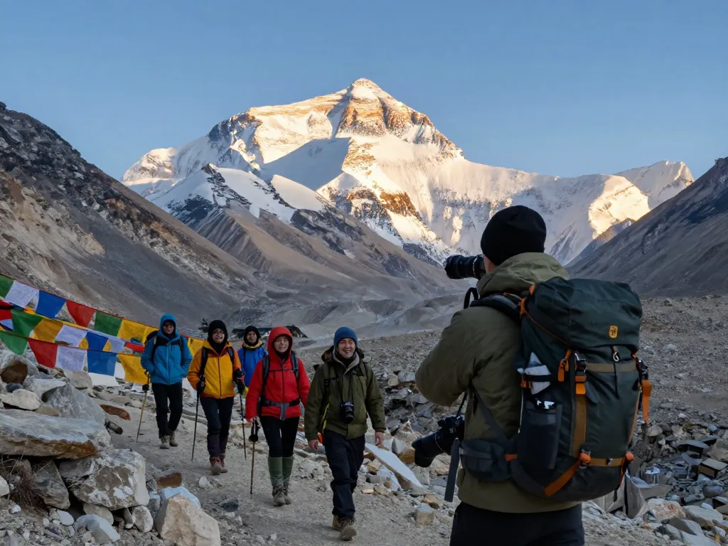 Traveler at Everest Base Camp Heli Trek capturing sunrise views with surrounding peaks and prayer flags.