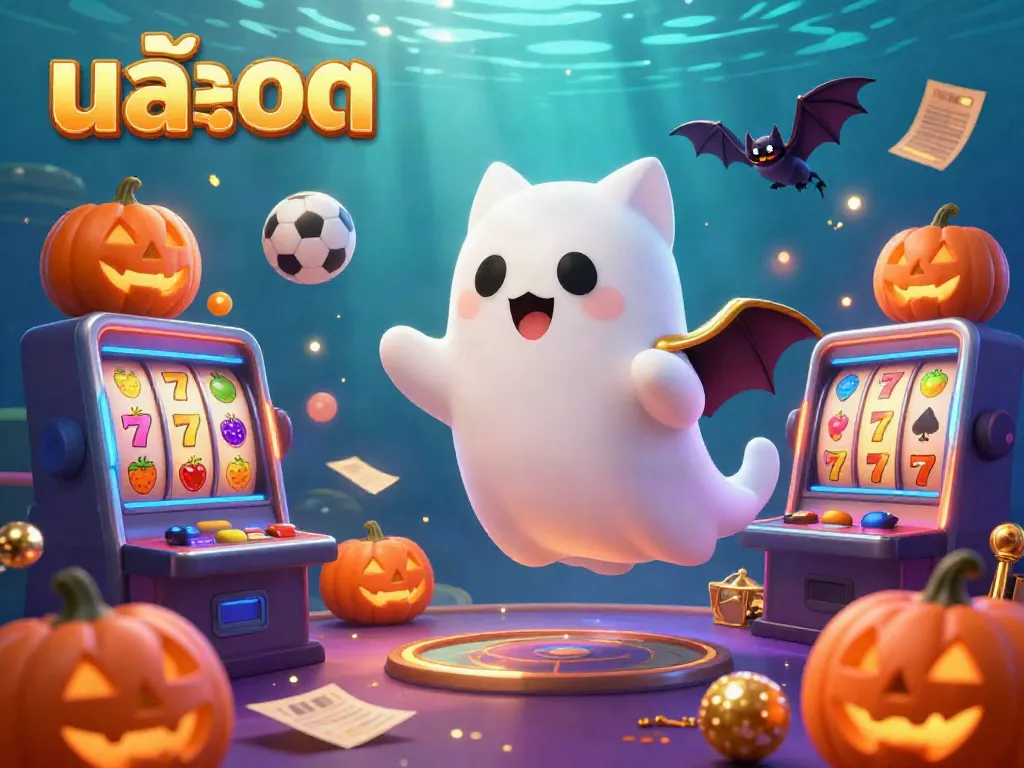 Engage with สล็อต slot machines in a vibrant casino scene, featuring a ghost cat and vampire bat.
