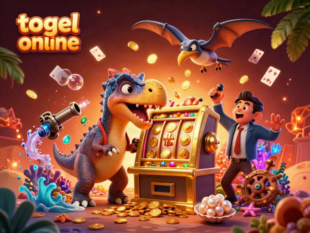 Engage in togel online action with a dynamic scene of dinosaurs in a casino setting, headbutting machines for jackpots.