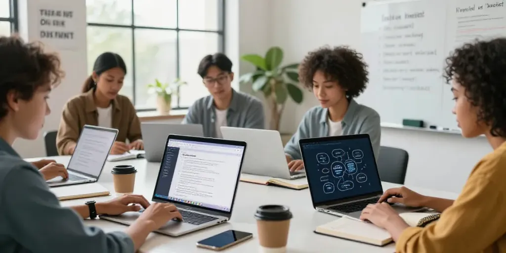 Group collaborating on an AI writing tool online in a modern workspace