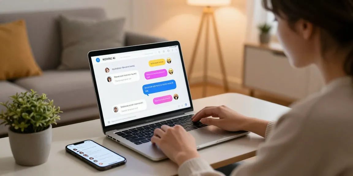Engaging with nsfw chat ai on a laptop in a cozy living room, highlighting the digital interaction.