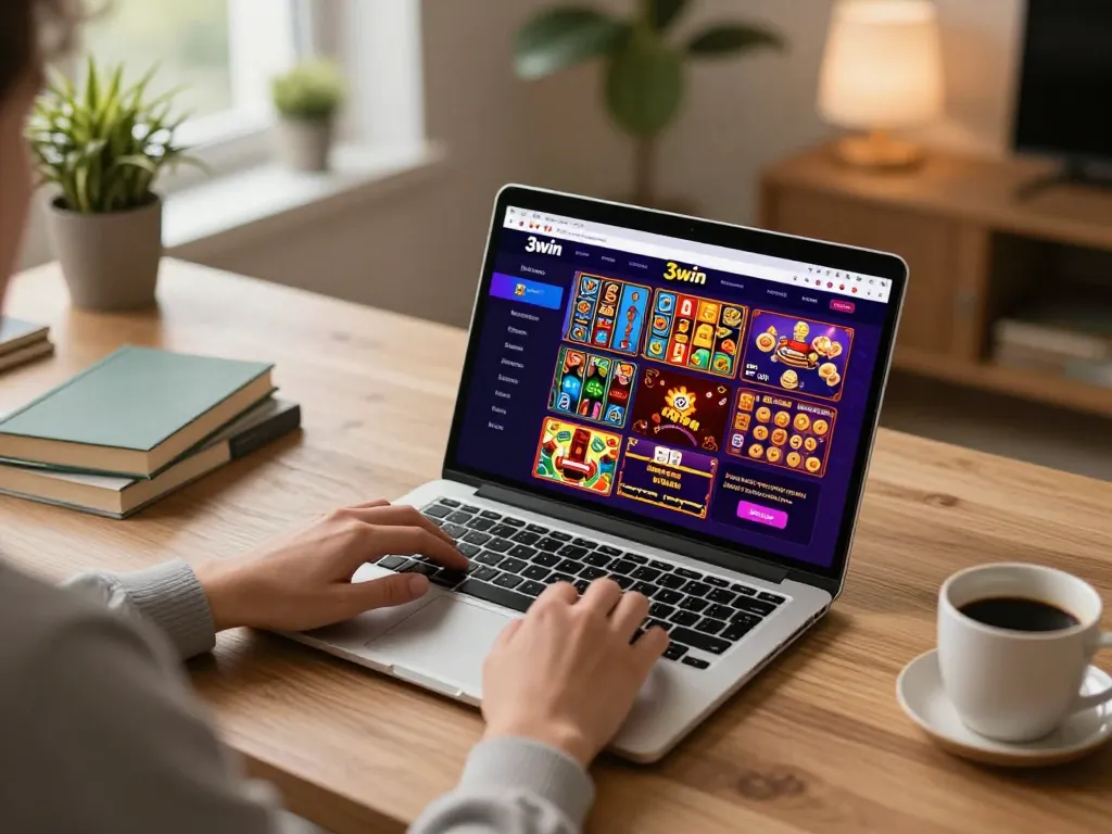 Player engaging with the 3win online casino platform at home, showcasing the vibrant gaming interface.