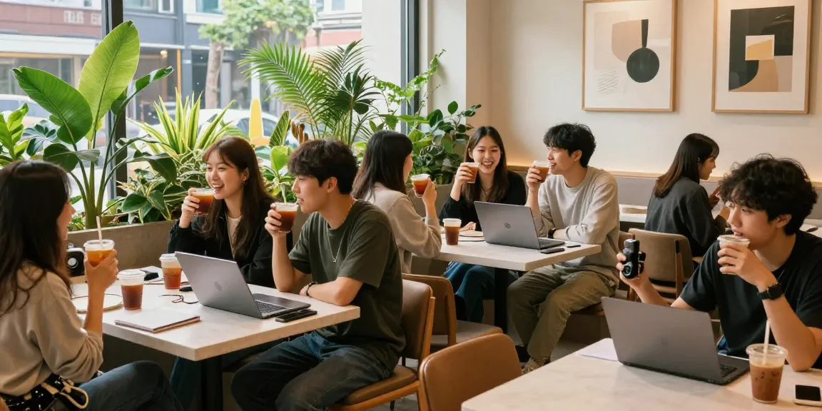 강남쩜오에서 즐거운 분위기의 카페에서 대화와 작업을 하는 사람들