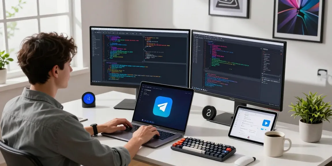 Developer coding on Telegram中文 interface with advanced tech setup in a modern office.