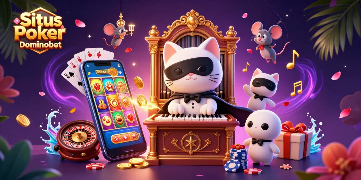 Situs Poker Dominobet showcases a vibrant 3D scene featuring a whimsical cat playing organ with poker elements.