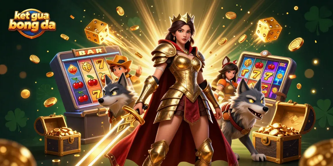 Engage in the thrilling world of ket qua bong da, where a warrior queen and her glowing wolf companion celebrate jackpot wins amidst an explosion of casino symbols.